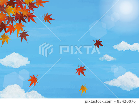 Sunny sky with clouds and autumn leaves background watercolor 93420076