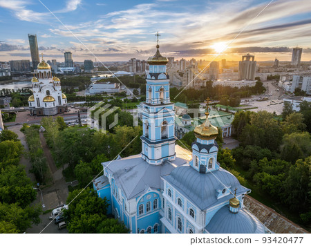 Summer Yekaterinburg, Temple of the Ascension and Temple on Blood in beautiful clear sunset. 93420477