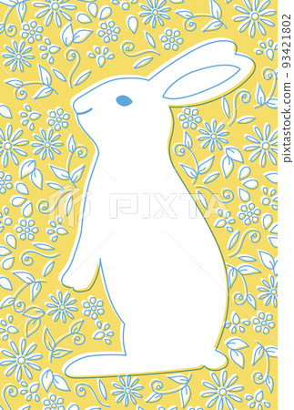 New Year's card illustration of a line drawing of a rabbit, flowers and plants New Year's card illustration of a line drawing of a rabbit, flowers and plants 93421802