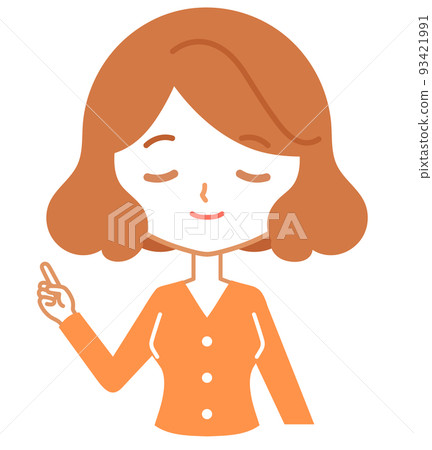 指向微笑的女性角色的上身 指向微笑的女性角色的上身 93421991