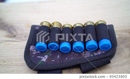 Cartridges in a case. A set of cartridges for a hunting rifle. A cartridge in the chamber. 93423803