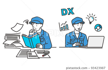 Vector illustration material of workers whose work has become more efficient with DX / architecture / IT / logistics / DX / consulting 93423987