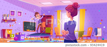 Woman looks at messy kids room and boy 93424419