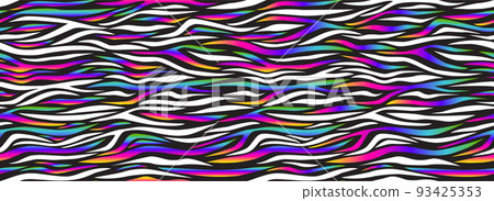 Zebra rainbow abstract seamless pattern. White lines. Colorful stripes, repeating background. Vector printing for fabrics, posters, banners.  93425353