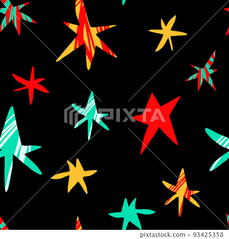 Stars and eyes on a black background seamless pattern. Multicolored abstract background. Children drawing. For printing on fabric and paper. Vector illustration. Stars and eyes on a black background seamless pattern. Multicolored abstract background. Children drawing. For printing on fabric and paper. Vector illustration. 93425358