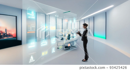 A woman looking at a hologram screen in a near-future room home automation 93425426