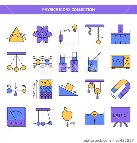 Physics icon set in colored line style 93425837