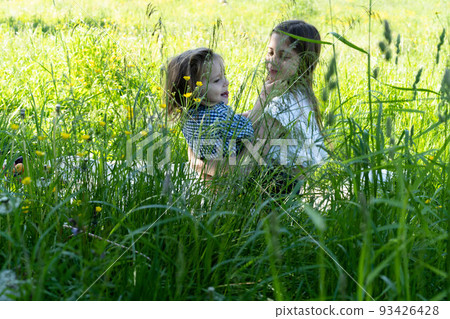 Brother and sister are playing in the park among the green grass. Children hug tightly. Picnic outside the city. Childhood. Relationships. 93426428