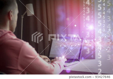 Big data technology background. Using a laptop against the background of visualization of a computer internet network, social connection, analytics, information. 93427646