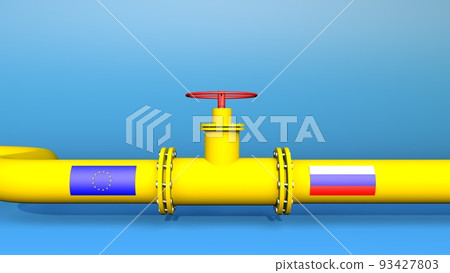 Russian gas oil industry. 3d gasoline pipeline to European Union on blue background. Oil sanctions and energy embargo to Russia concept. 93427803