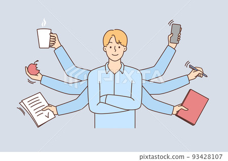 Businessman with numerous tasks multitask  93428107