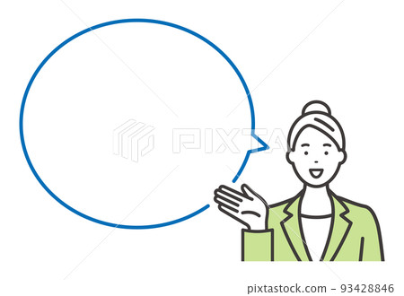 A smiling young business woman and a speech bubble message space A smiling young business woman and a speech bubble message space 93428846
