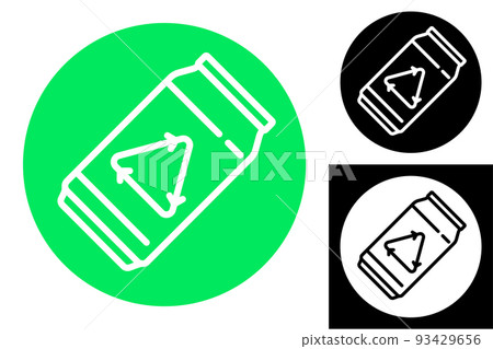 Round sticker with aluminum can and recycle sign. Caring for the environment. Simple vector isolated on white background Round sticker with aluminum can and recycle sign. Caring for the environment. Simple vector isolated on white background 93429656