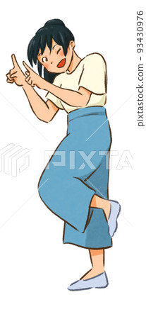 Woman pointing with both hands Blue 93430976