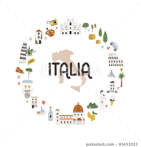 Circle decoration, emblem with famous symbols and landmarks of Italy Circle decoration, emblem with famous symbols and landmarks of Italy 93433033
