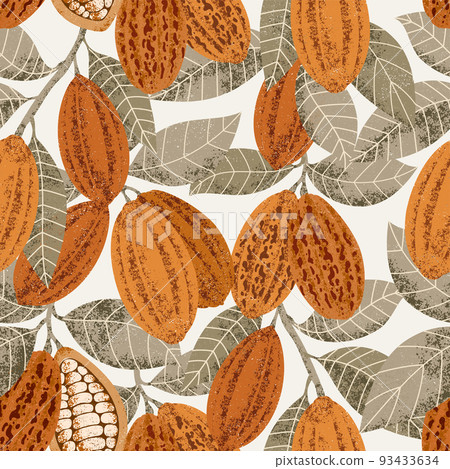 Cocoa beans seamless pattern. Cocoa tree illustration. Retro style illustration. Chocolate cocoa beans. Vector illustration 93433634