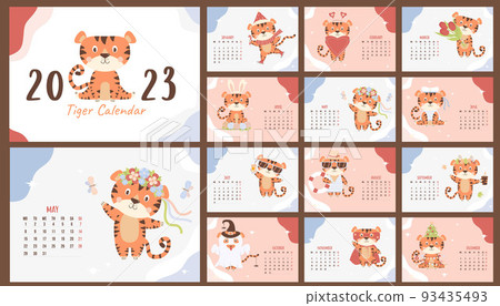 Yearly monthly design calendar for 2023 with cute tiger. Set of 12 pages and cover in English. Vector illustration. horizontal template. Week from Monday. Stationery, planner, organizer with animal. Yearly monthly design calendar for 2023 with cute tiger. Set of 12 pages and cover in English. Vector illustration. horizontal template. Week from Monday. Stationery, planner, organizer with animal. 93435493