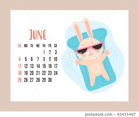 June 2023 planner calendar. Cute bunny in sunglasses floats on rubber waterproof mattress. Vector illustration. horizontal Template. Week from Sunday In English. rabbit is symbol year. June 2023 planner calendar. Cute bunny in sunglasses floats on rubber waterproof mattress. Vector illustration. horizontal Template. Week from Sunday In English. rabbit is symbol year. 93435497