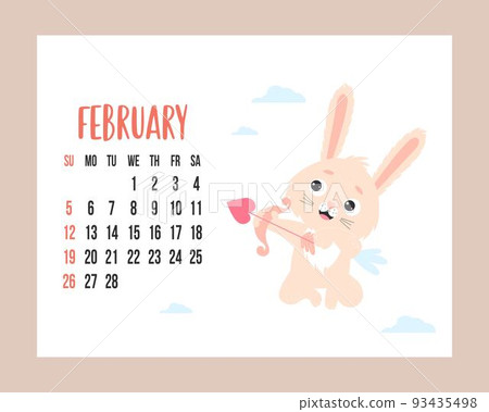February 2023 calendar. Cute bunny Winged cupid shoots an arrow with heart on white background with clouds. Vector illustration. Horizontal Template. Week from sunday. In English. Rabbit symbol year. February 2023 calendar. Cute bunny Winged cupid shoots an arrow with heart on white background with clouds. Vector illustration. Horizontal Template. Week from sunday. In English. Rabbit symbol year. 93435498