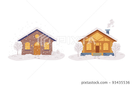 Small wooden houses with glowing windows. snowy rooftops and smoke in chimney flat vector illustration 93435536