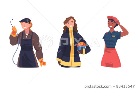 Women of different professions set. Woman working as welder, soldier cartoon vector illustration Women of different professions set. Woman working as welder, soldier cartoon vector illustration 93435547