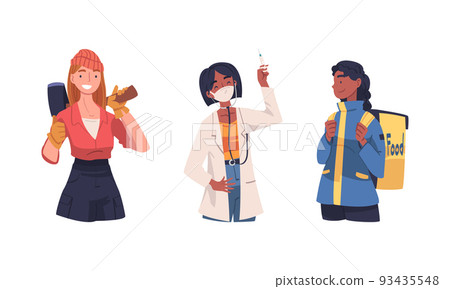 Women of different professions set. Woman working as doctor, courier, builder cartoon vector illustration Women of different professions set. Woman working as doctor, courier, builder cartoon vector illustration 93435548