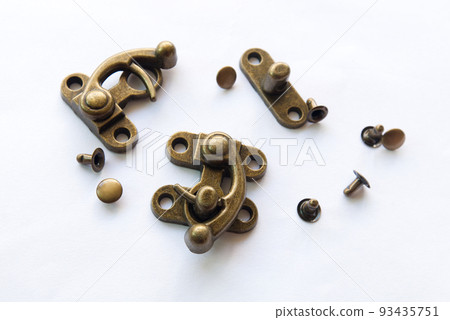 Antique Brass Closing Hook Lock on iSolate White Background, Latch Butt Hinges For Jewellery Wood Box, Cabinet Door, Fittings Furniture 93435751