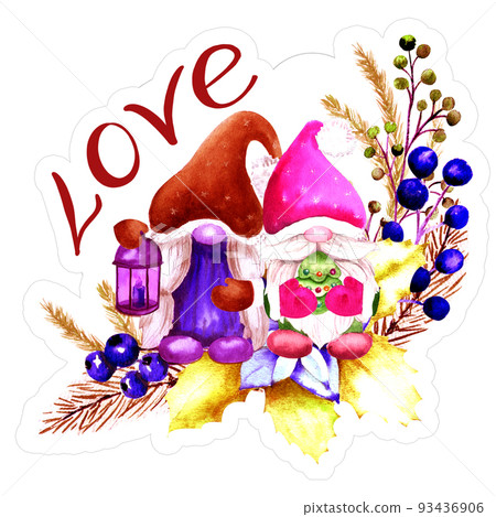 Watercolor Christmas sticker with gnomes. Watercolor illustration Watercolor Christmas sticker with gnomes. Watercolor illustration 93436906