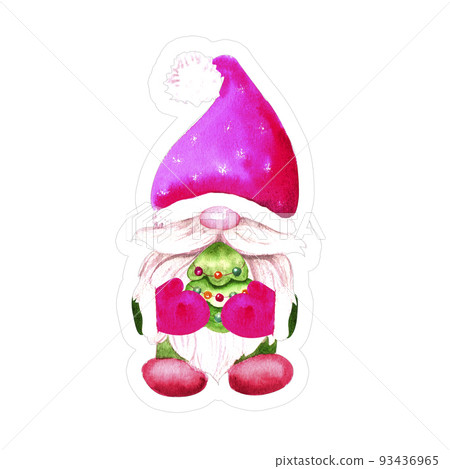 Watercolor Christmas sticker with gnomes. Watercolor illustration Watercolor Christmas sticker with gnomes. Watercolor illustration 93436965