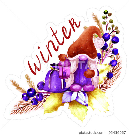 Watercolor Christmas sticker with gnomes, inscriptions winter. Watercolor Christmas sticker with gnomes, inscriptions winter. 93436967