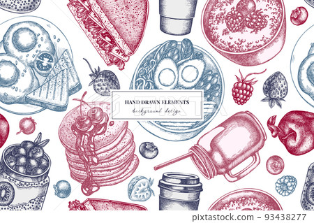 Breakfast seamless pattern background design. Engraved style. Hand drawn sandwich, pancakes, bowl with avocado, porridge with berries, chia pudding, fried eggs, raspberry, blueberry, strawberry Breakfast seamless pattern background design. Engraved style. Hand drawn sandwich, pancakes, bowl with avocado, porridge with berries, chia pudding, fried eggs, raspberry, blueberry, strawberry 93438277