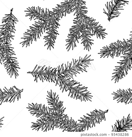 Mysterious forest seamless pattern background design. Engraved style. Hand drawn spruce branch. Mysterious forest seamless pattern background design. Engraved style. Hand drawn spruce branch. 93438286
