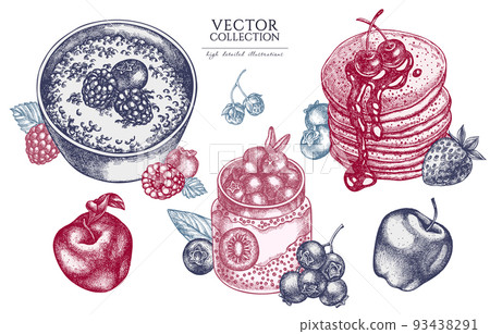 Breakfast vintage illustrations collection. Hand drawn logo designs with pancakes, porridge with berries, chia pudding, raspberry, blueberry, strawberry, apples. 93438291