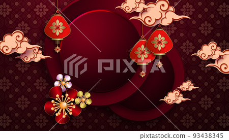 Burgundy postcard with a pattern and a round frame, flowers and clouds in the style of paper art 93438345