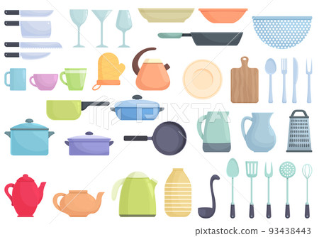 Tableware icons set cartoon vector. Glass tea. Teapot dishes 93438443