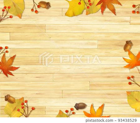 Fashionable wallpaper background material of autumn leaves and nuts on a wood grain board with warm colors 93438529