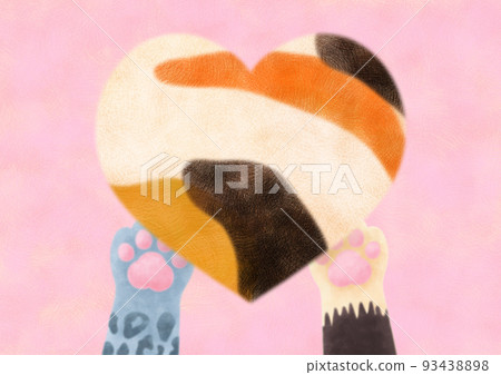 Fluffy calico heart and cat's paw pink background Fluffy calico heart and cat's paw pink background 93438898