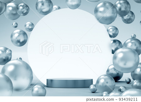 3d rendering of metallic podium with spheres. Abstract backdrop for cosmetics and beauty products presentation. Flying particles. Futuristic background. Design for poster with space for text 93439211