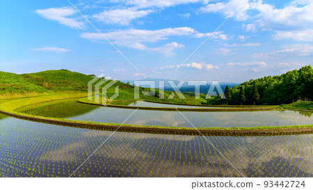 Exquisite harmony with the beautiful grassland scenery of nature ``Ogi Tanada'' Ubuyama Village, Aso County (Ogi Tanada) 93442724