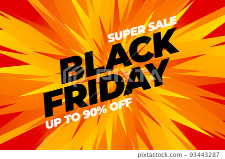 Beautiful promotional banner with a large black and white inscription obliquely black friday, super sale, up to 90 percent off on a bright gradient yellow, orange background with rays. Black friday Beautiful promotional banner with a large black and white inscription obliquely black friday, super sale, up to 90 percent off on a bright gradient yellow, orange background with rays. Black friday 93443287