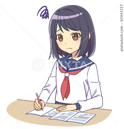 A girl in a sailor suit studying worries A girl in a sailor suit studying worries 93443337