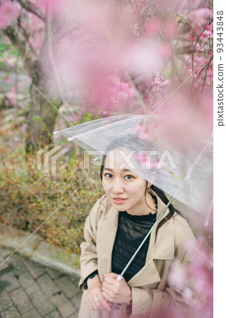 A woman looking at cherry blossoms while pointing at an umbrella on a rainy day 93443848