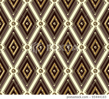 Seamless vintage pattern with gold rhombuses, chains, beads. Geometric grid. Classic background. Vector illustration Seamless vintage pattern with gold rhombuses, chains, beads. Geometric grid. Classic background. Vector illustration 93444183