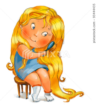 Girl combing tangled hair. Hand-drawn Girl combing tangled hair. Hand-drawn 93444435
