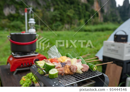 BBQ food on the outdoor camping. BBQ food on the outdoor camping. 93444546