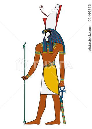 Horus, god of kingship and the sky in ancient Egypt. Tutelary deity, depicted as a falcon headed man, wearing the pschent, a red and white crown, symbol of kingship over the entire kingdom of Egypt. 93444856