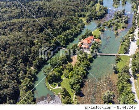 Romantic Otocec Castle on Krka River in Slovenia. Drone View. 93445249