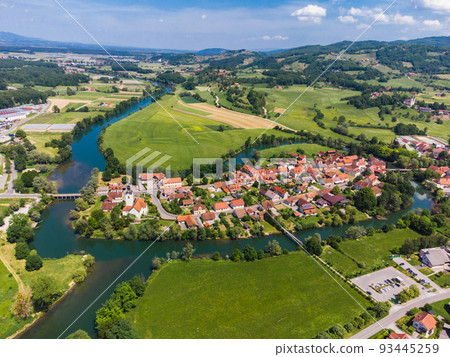 Kostanjevica na Krki Medieval Town Surrounded by Krka River, Slovenia, Europe. Aerial view. Kostanjevica na Krki Medieval Town Surrounded by Krka River, Slovenia, Europe. Aerial view. 93445259