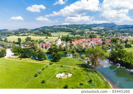 Kostanjevica na Krki Medieval Town Surrounded by Krka River, Slovenia, Europe. Aerial view. Kostanjevica na Krki Medieval Town Surrounded by Krka River, Slovenia, Europe. Aerial view. 93445260