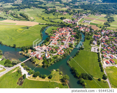 Kostanjevica na Krki Medieval Town Surrounded by Krka River, Slovenia, Europe. Aerial view. Kostanjevica na Krki Medieval Town Surrounded by Krka River, Slovenia, Europe. Aerial view. 93445261